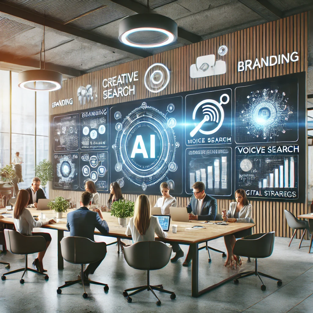 Futuristic marketing agency using AI tools and creative strategies to adapt to digital marketing trends.